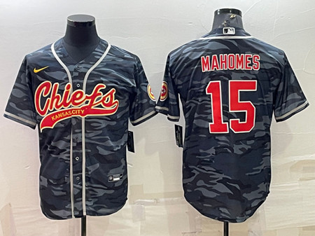 Men's Kansas City Chiefs Blank #15 Patrick Mahomes Gray/Navy Camo With Patch Cool Base Stitched Baseball Jersey